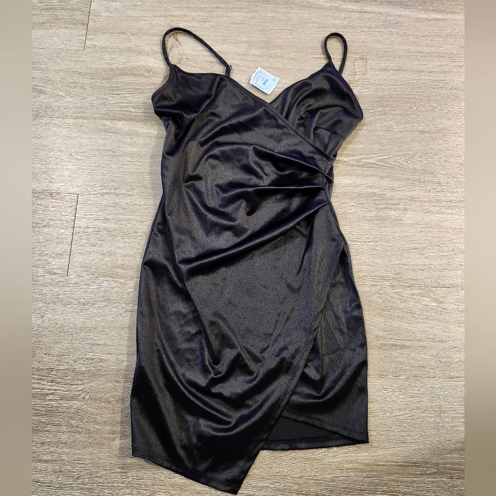 Women's Black Spaghetti Strap Mini Satin Dress